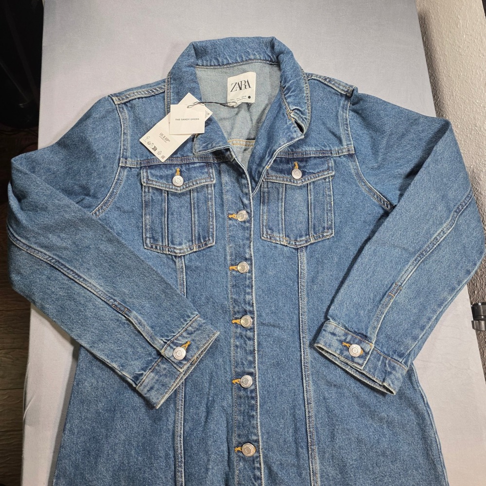 Zara The Sandy Dress Blue Denim Button Front Midi Jean Dress Long Sleeve Large